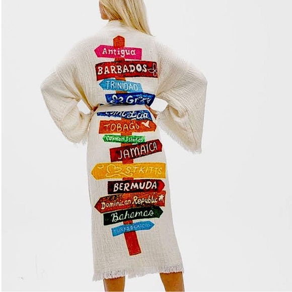 Handmade Other - Colorful Caribbean Signpost Kimono Robe Cotton Natural Sash Belt Loops Handmade